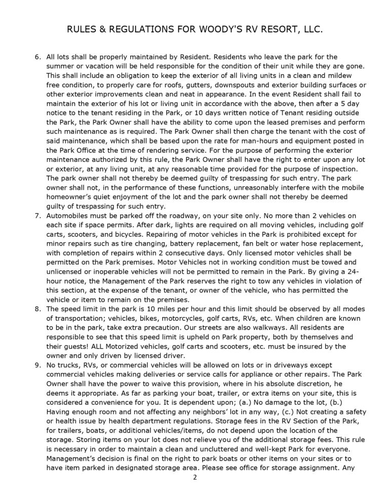 rules and regulations Woodys RV Resort